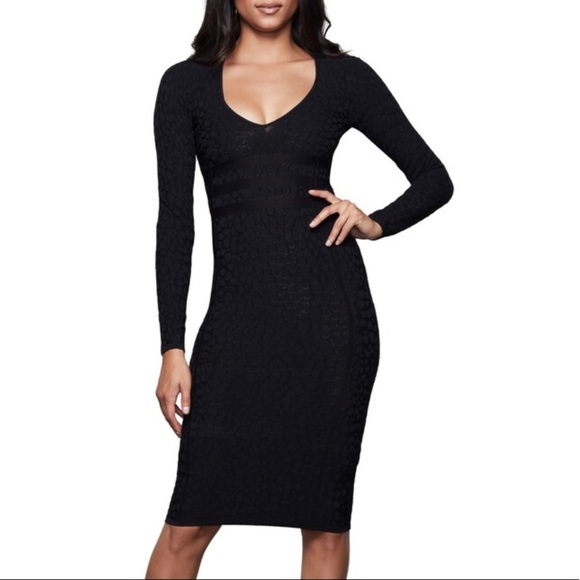 New Good American Deep V Leopard Long Sleeve Body-Con Dress size 1 - Picture 1 of 13